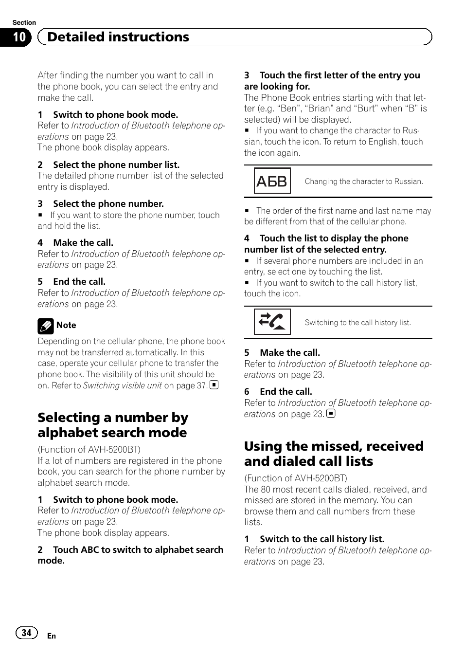 Selecting a number by alphabet search, Mode, Using the missed, received and dialed call | Lists, Selecting a number by alphabet search mode, Using the missed, received and dialed call lists, 10 detailed instructions | Pioneer AVH-5200DVD User Manual | Page 34 / 80