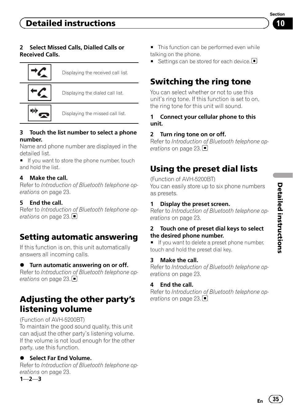 Setting automatic answering, Adjusting the other party, S listening | Volume, Switching the ring tone, Using the preset dial lists, S listening volume on, Adjusting the other party ’s listening volume, Detailed instructions | Pioneer AVH-5200DVD User Manual | Page 35 / 80