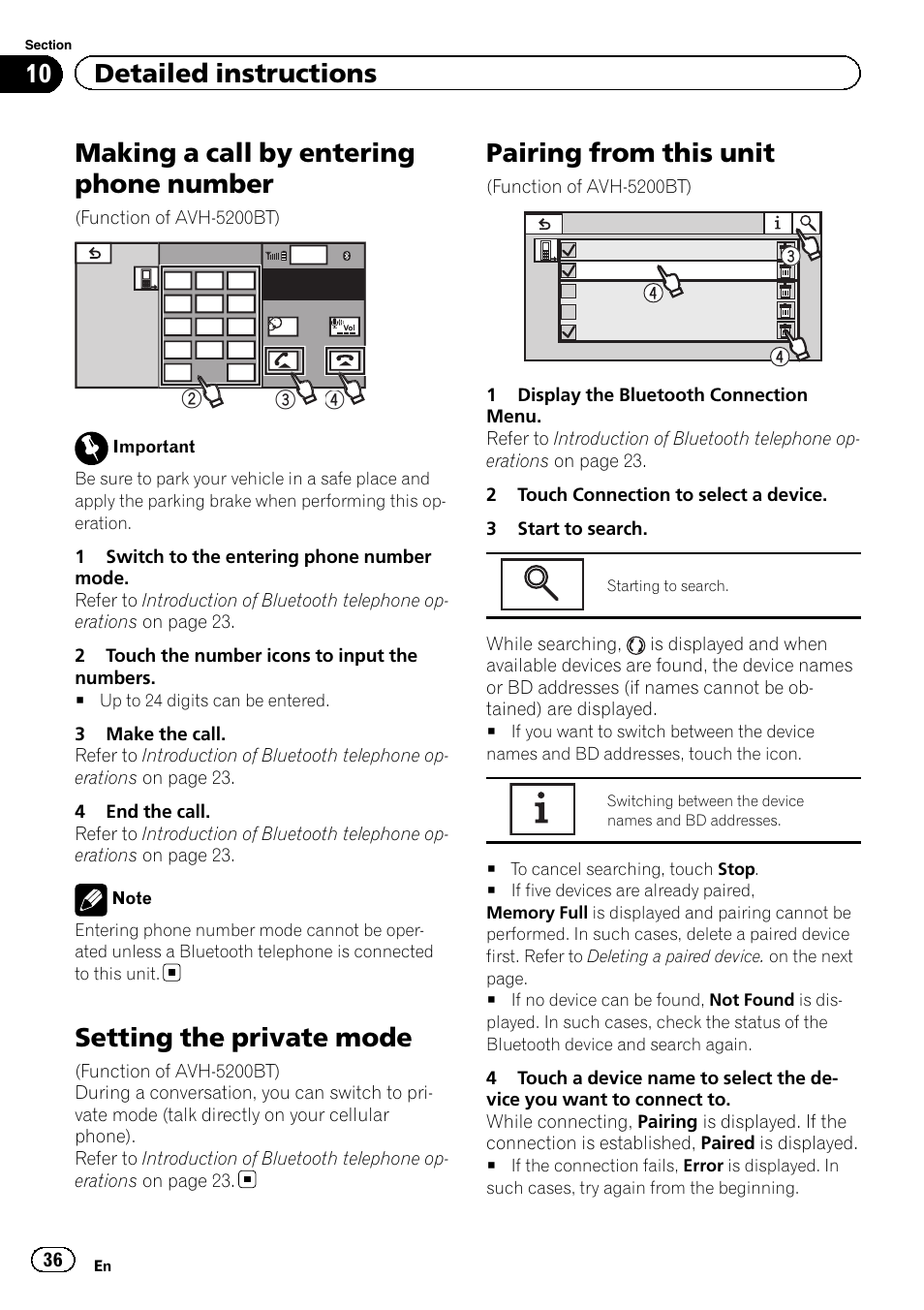 Making a call by entering phone number, Setting the private mode, Pairing from this unit | 10 detailed instructions | Pioneer AVH-5200DVD User Manual | Page 36 / 80