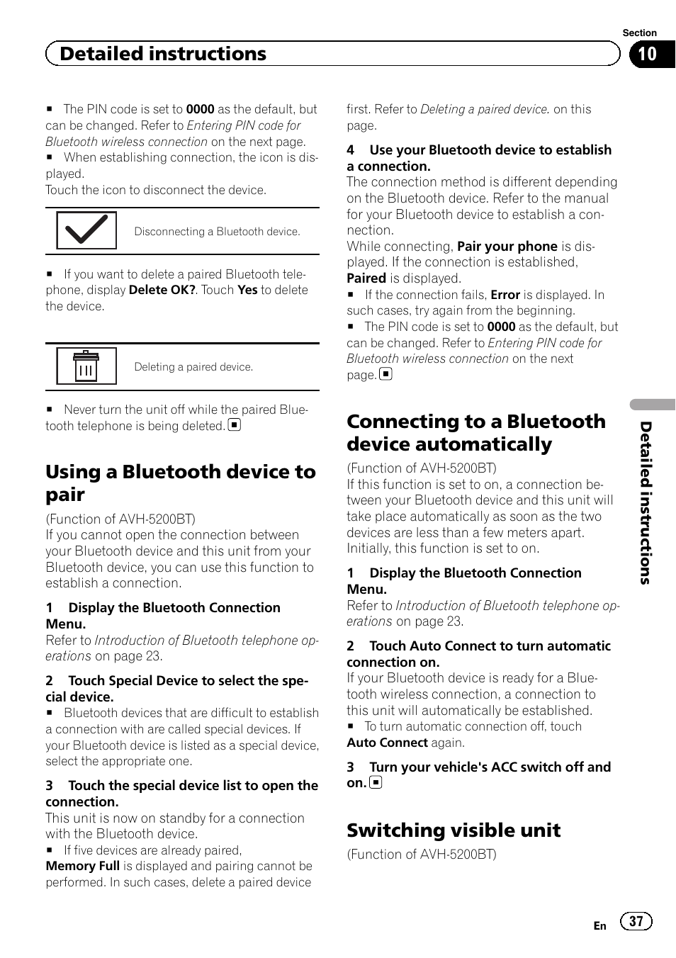 Using a bluetooth device to pair, Connecting to a bluetooth device, Automatically | Switching visible unit, Connecting to a bluetooth device automatically, Detailed instructions | Pioneer AVH-5200DVD User Manual | Page 37 / 80