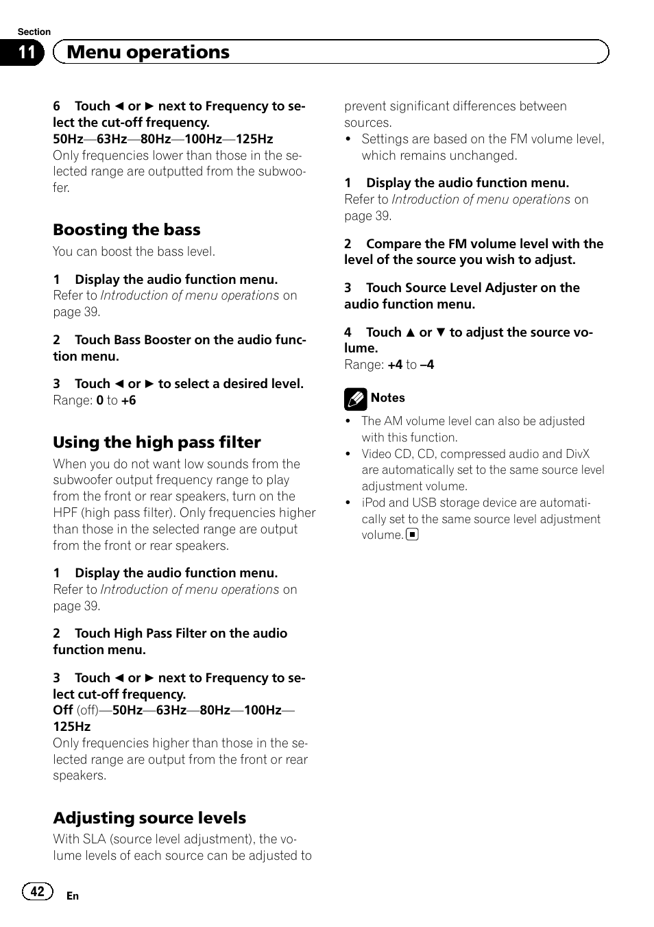 11 menu operations, Boosting the bass, Using the high pass filter | Adjusting source levels | Pioneer AVH-5200DVD User Manual | Page 42 / 80