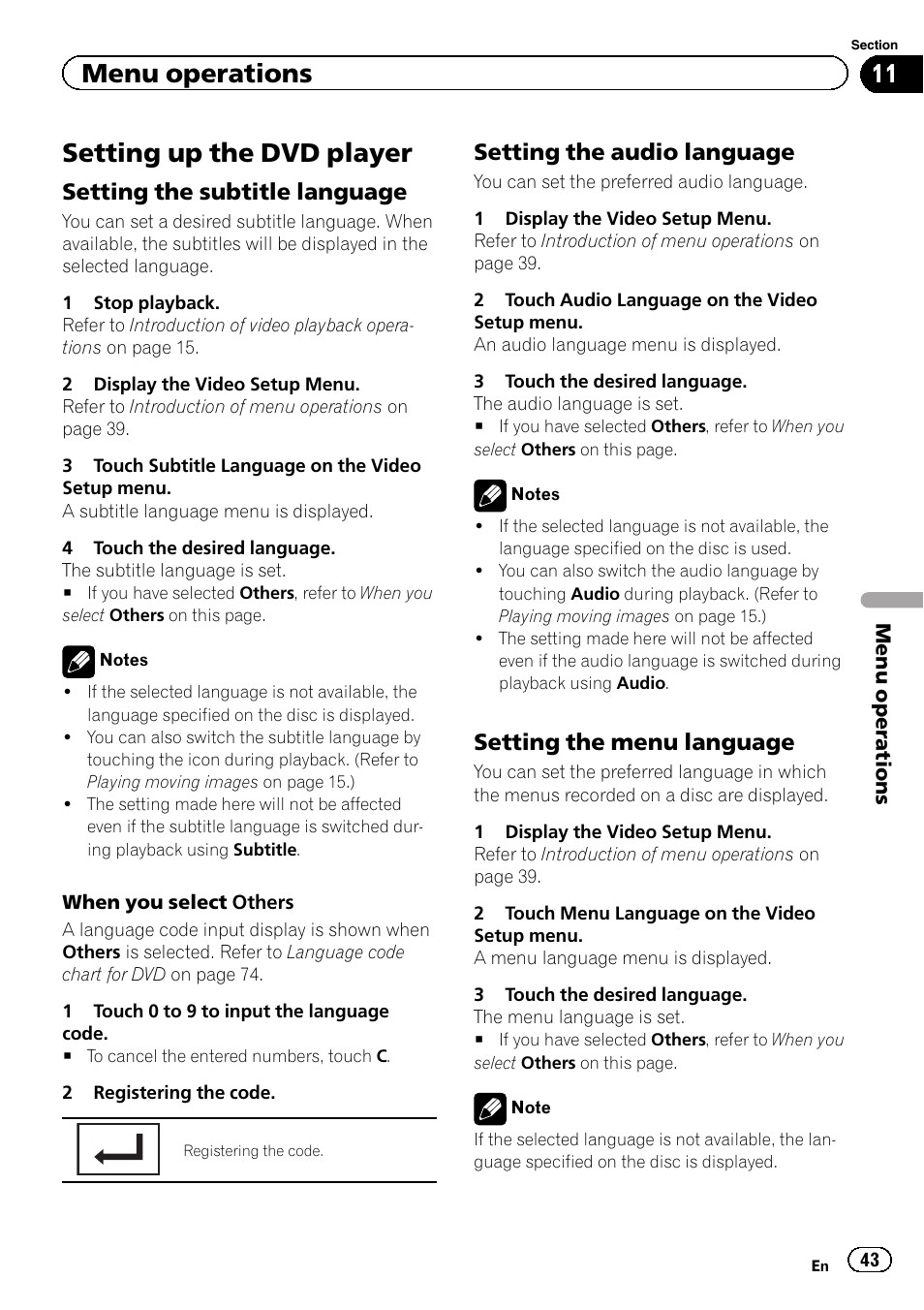 Setting up the dvd player, Menu operations, Setting the subtitle language | Setting the audio language, Setting the menu language | Pioneer AVH-5200DVD User Manual | Page 43 / 80