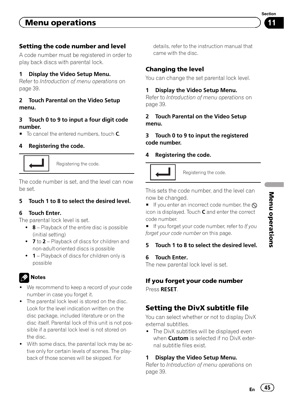 Menu operations, Setting the divx subtitle file | Pioneer AVH-5200DVD User Manual | Page 45 / 80