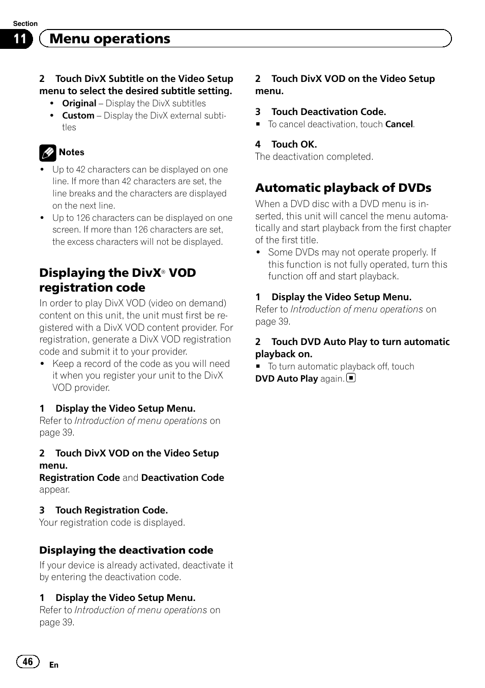 Displaying the divx, 11 menu operations, Vod registration code | Automatic playback of dvds | Pioneer AVH-5200DVD User Manual | Page 46 / 80