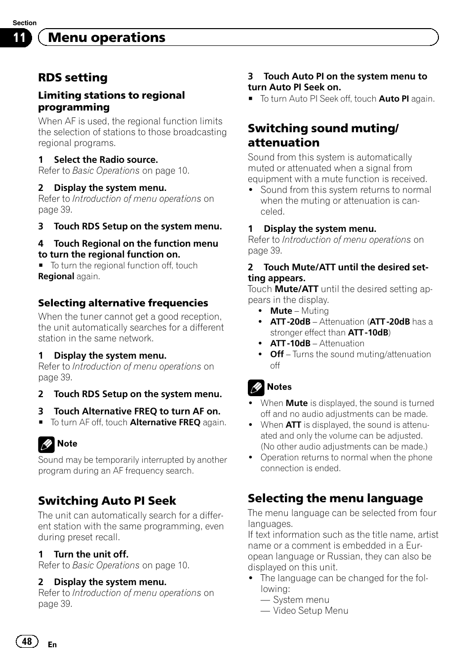 11 menu operations, Rds setting, Switching auto pi seek | Switching sound muting/ attenuation, Selecting the menu language | Pioneer AVH-5200DVD User Manual | Page 48 / 80