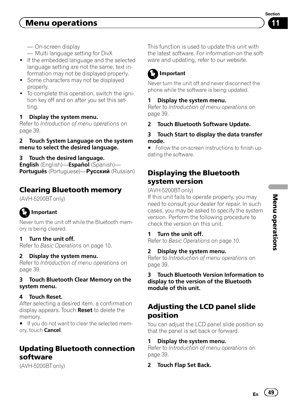 Menu operations, Updating bluetooth connection software, Displaying the bluetooth system version | Adjusting the lcd panel slide position | Pioneer AVH-5200DVD User Manual | Page 49 / 80