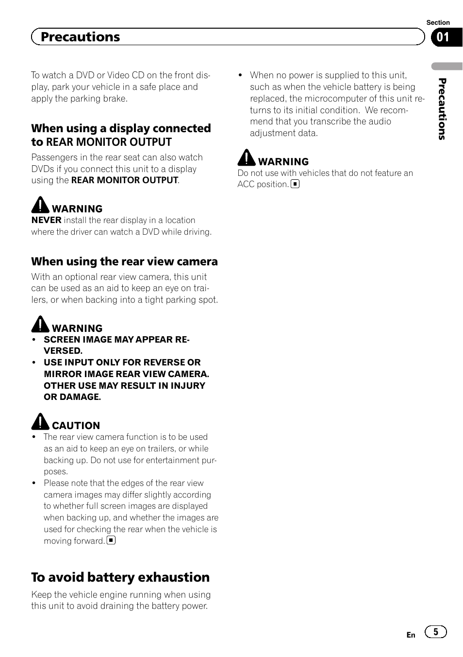 To avoid battery exhaustion, Precautions | Pioneer AVH-5200DVD User Manual | Page 5 / 80