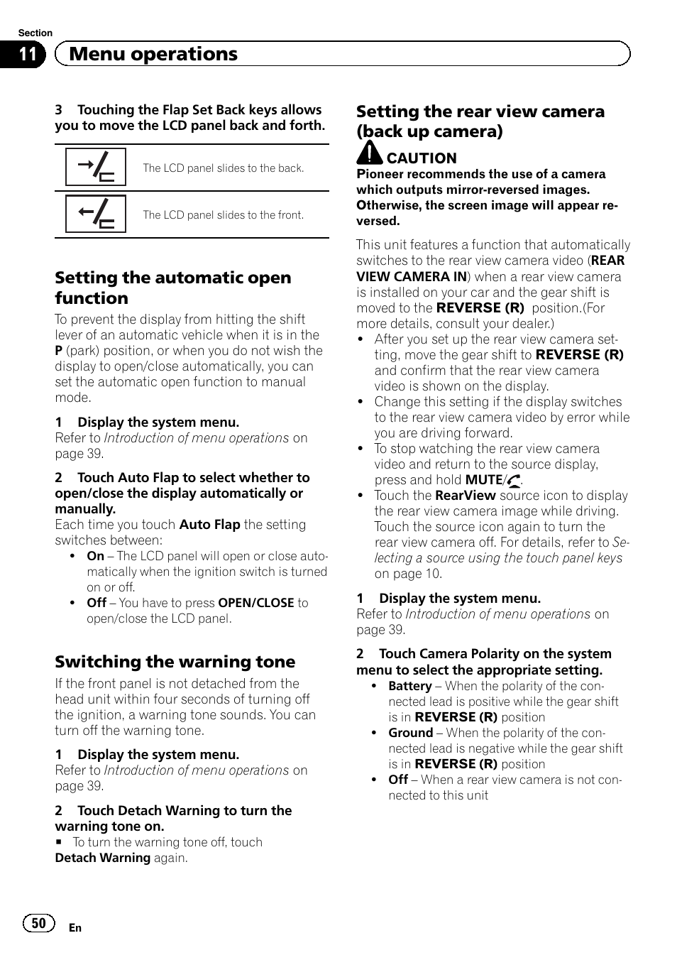 11 menu operations, Setting the automatic open function, Switching the warning tone | Setting the rear view camera (back up camera) | Pioneer AVH-5200DVD User Manual | Page 50 / 80