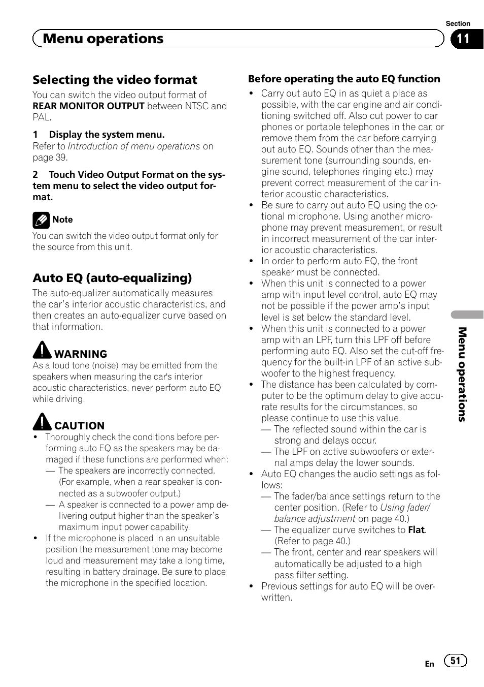 Menu operations, Selecting the video format, Auto eq (auto-equalizing) | Pioneer AVH-5200DVD User Manual | Page 51 / 80