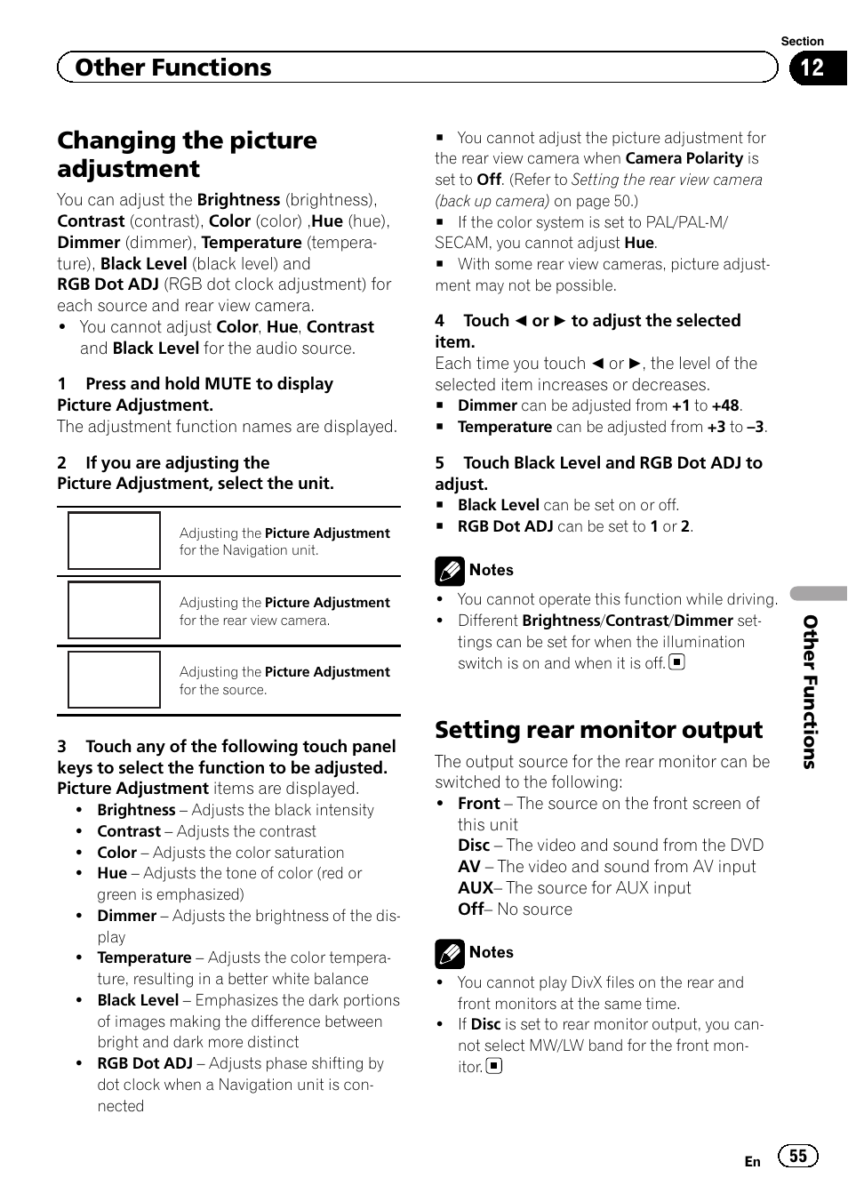 Other functions changing the picture adjustment, Setting rear monitor output, Changing the picture adjustment | Navi, Rear view, Source, Other functions | Pioneer AVH-5200DVD User Manual | Page 55 / 80