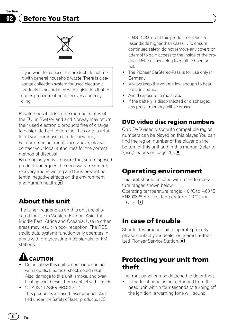 Dvd video disc region numbers 6, Before you start about this unit, Operating environment | In case of trouble, Protecting your unit from theft, About this unit, 02 before you start | Pioneer AVH-5200DVD User Manual | Page 6 / 80