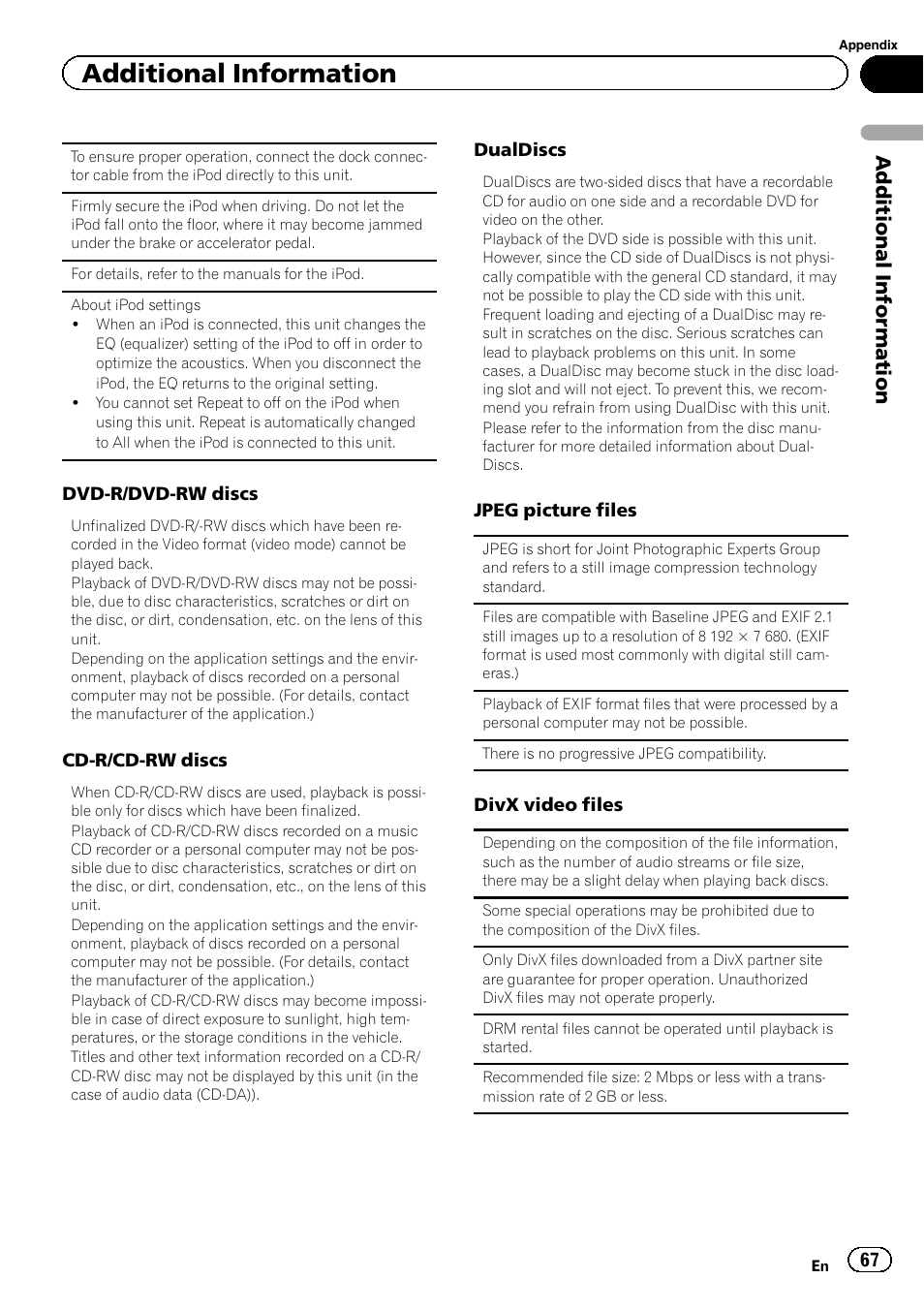 Additional information | Pioneer AVH-5200DVD User Manual | Page 67 / 80