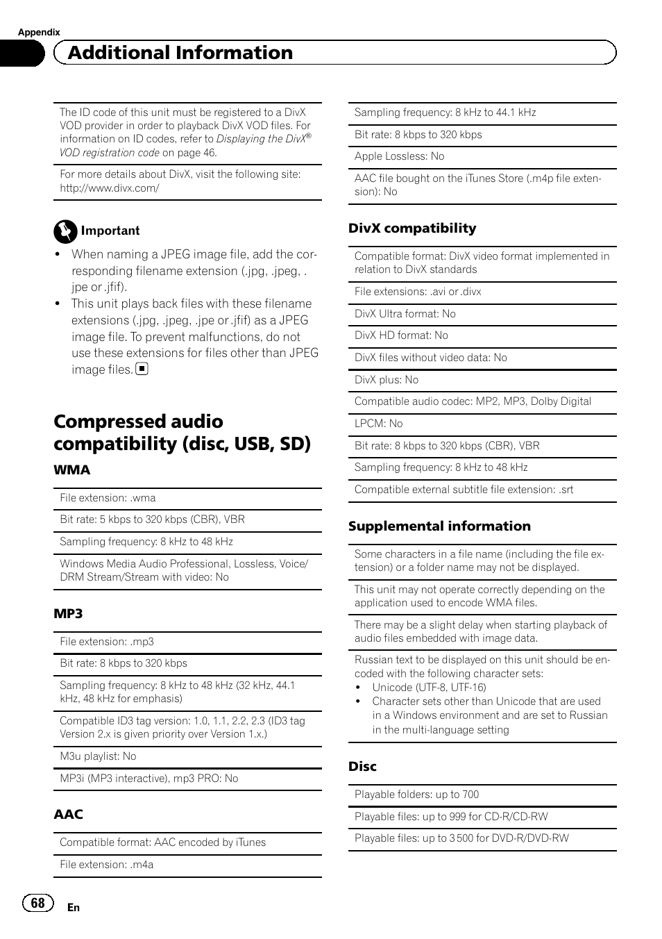 Compressed audio compatibility (disc, usb, Compressed audio compatibility (disc, usb, sd), Additional information | Pioneer AVH-5200DVD User Manual | Page 68 / 80