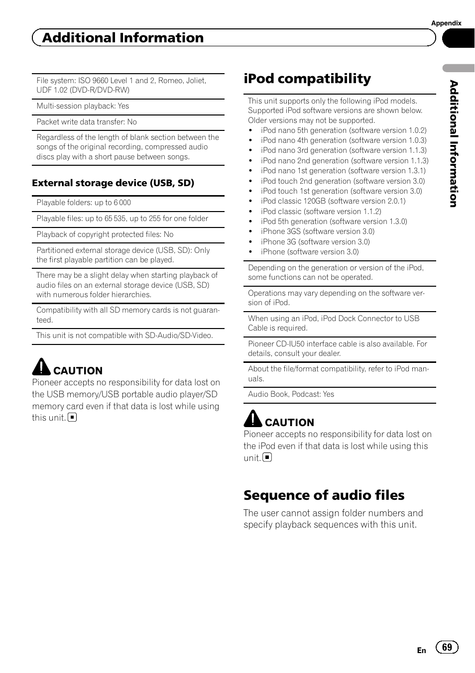 Ipod compatibility, Sequence of audio files, Additional information | Pioneer AVH-5200DVD User Manual | Page 69 / 80