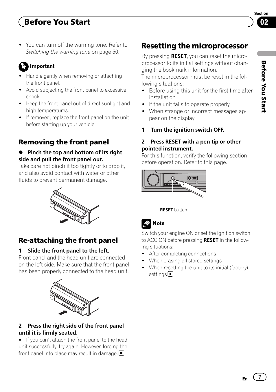 Resetting the microprocessor, Before you start, Removing the front panel | Re-attaching the front panel | Pioneer AVH-5200DVD User Manual | Page 7 / 80