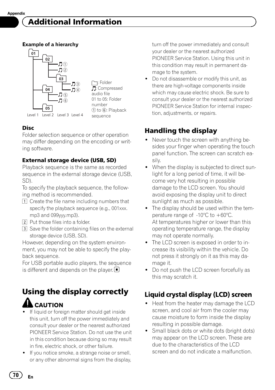 Using the display correctly, Additional information, Handling the display | Liquid crystal display (lcd) screen | Pioneer AVH-5200DVD User Manual | Page 70 / 80