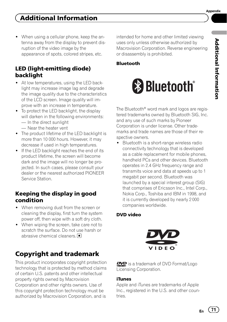 Copyright and trademark, Additional information, Led (light-emitting diode) backlight | Keeping the display in good condition | Pioneer AVH-5200DVD User Manual | Page 71 / 80