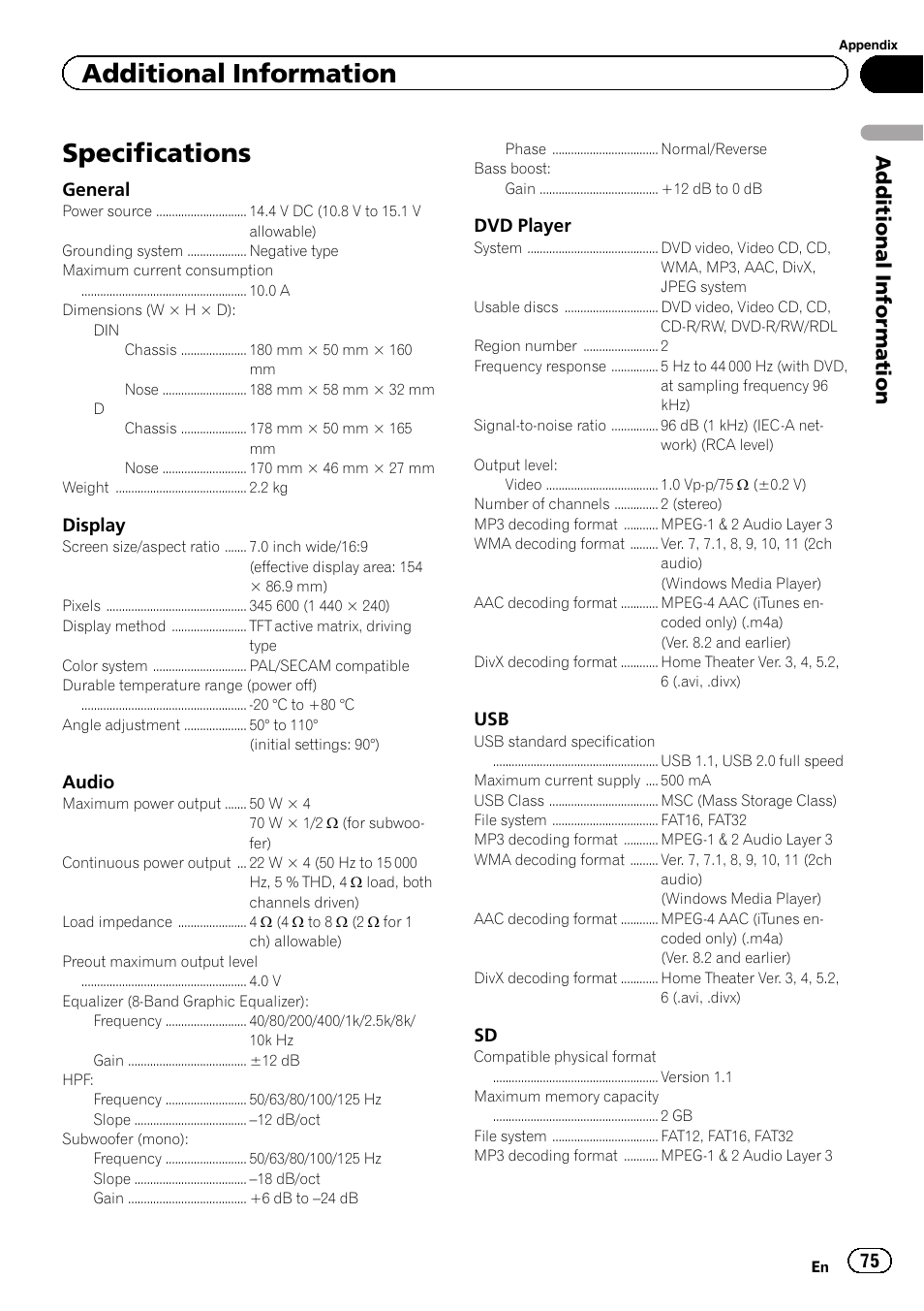 Specifications, Additional information | Pioneer AVH-5200DVD User Manual | Page 75 / 80