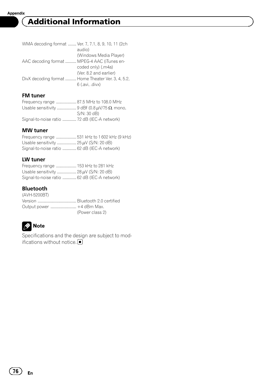 Additional information | Pioneer AVH-5200DVD User Manual | Page 76 / 80