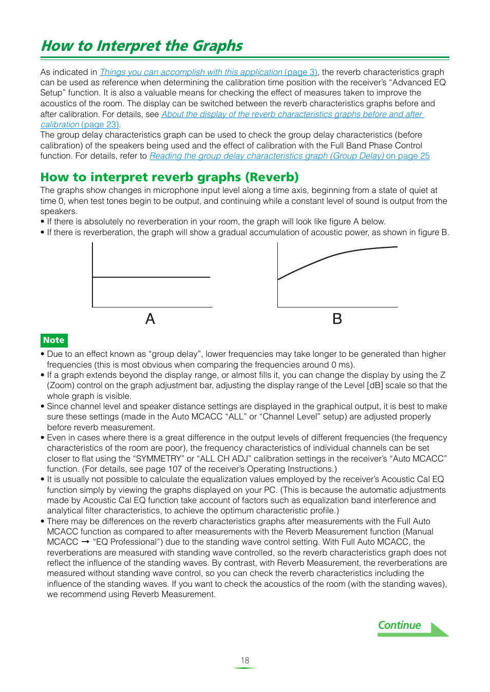 How to interpret the graphs, How to interpret reverb graphs (reverb), Continue | Pioneer SC-LX82 User Manual | Page 18 / 36