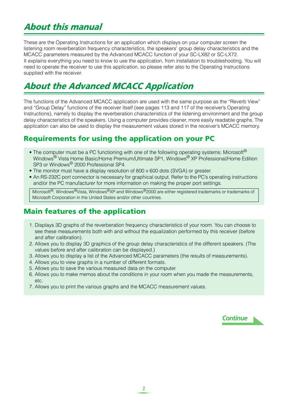 About this manual, About the advanced mcacc application, Requirements for using the application on your pc | Main features of the application, Continue | Pioneer SC-LX82 User Manual | Page 2 / 36