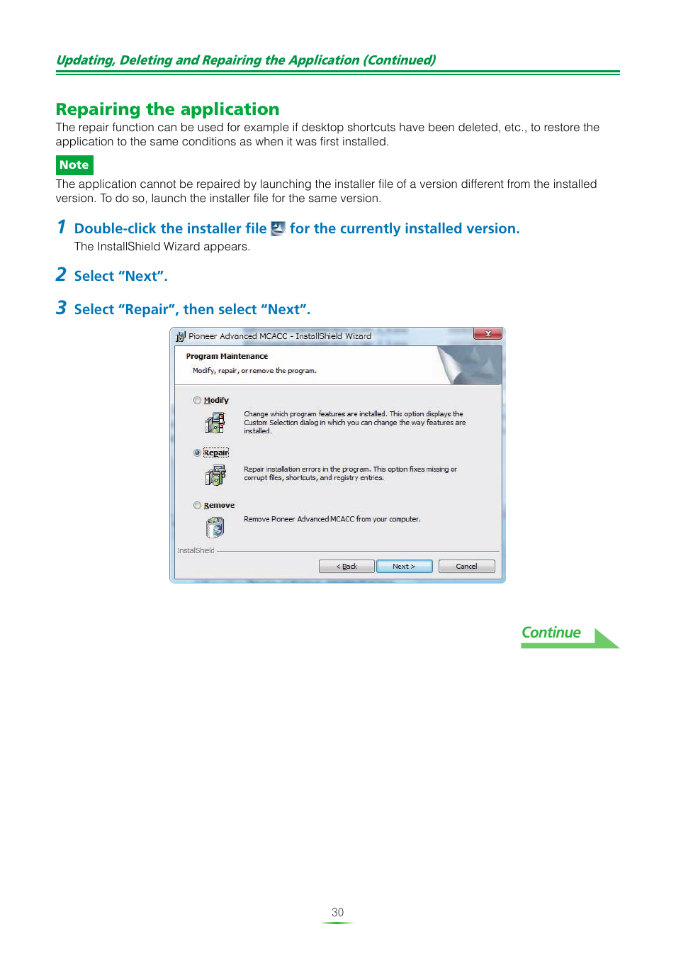 Repairing the application | Pioneer SC-LX82 User Manual | Page 30 / 36