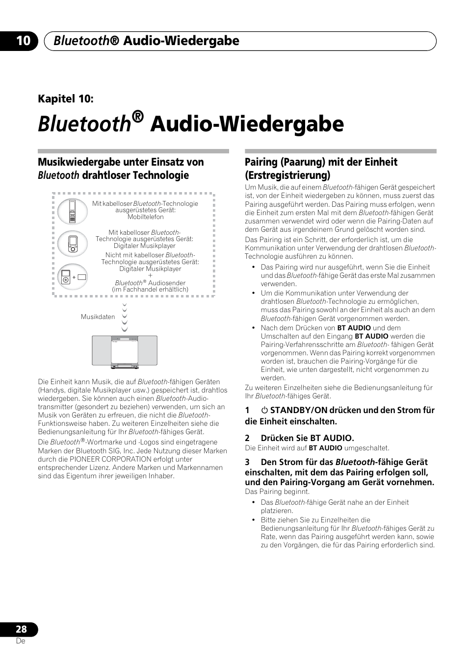 10 bluetooth, Audio-wiedergabe, Bluetooth | Bluetooth ® audio-wiedergabe, Kapitel 10 | Pioneer X-SMC00 User Manual | Page 100 / 256