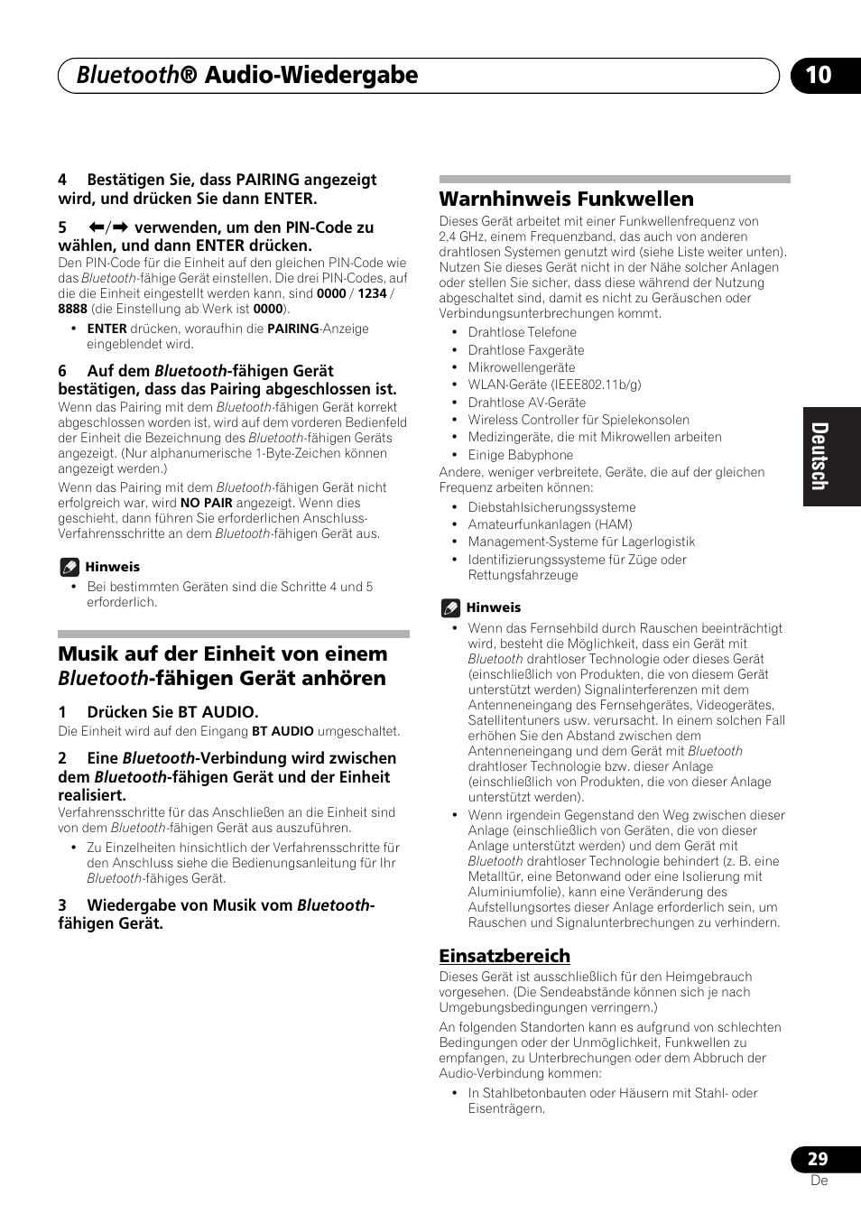 Einsatzbereich, Bluetooth ® audio-wiedergabe, Warnhinweis funkwellen | Pioneer X-SMC00 User Manual | Page 101 / 256