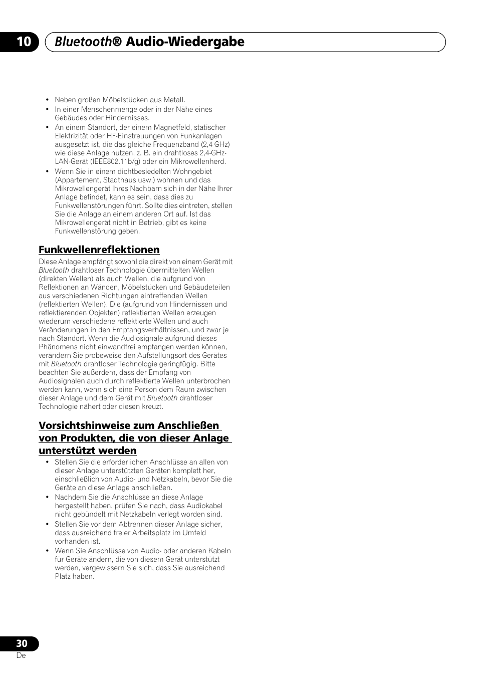 Bluetooth ® audio-wiedergabe, Funkwellenreflektionen | Pioneer X-SMC00 User Manual | Page 102 / 256