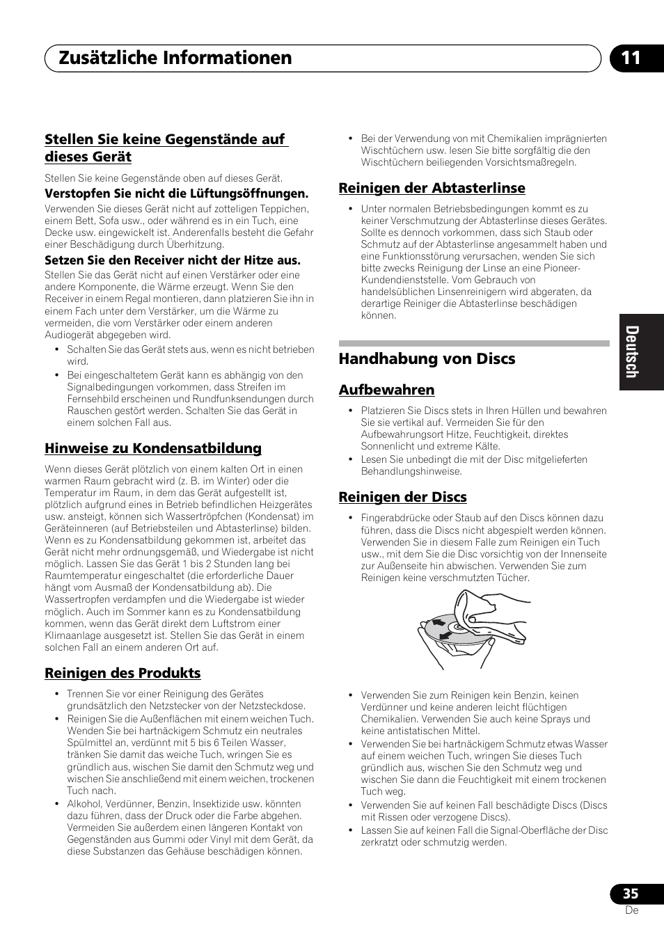 Handhabung von discs, Aufbewahren reinigen der discs, Zusätzliche informationen 11 | Pioneer X-SMC00 User Manual | Page 107 / 256