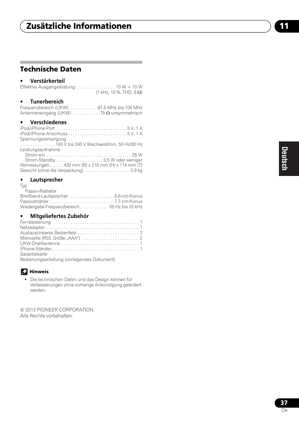 Technische daten, Zusätzliche informationen 11 | Pioneer X-SMC00 User Manual | Page 109 / 256