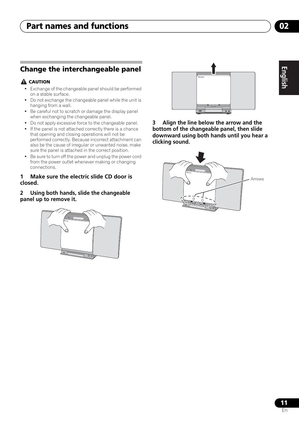 Change the interchangeable panel, Part names and functions 02, English français español | Pioneer X-SMC00 User Manual | Page 11 / 256