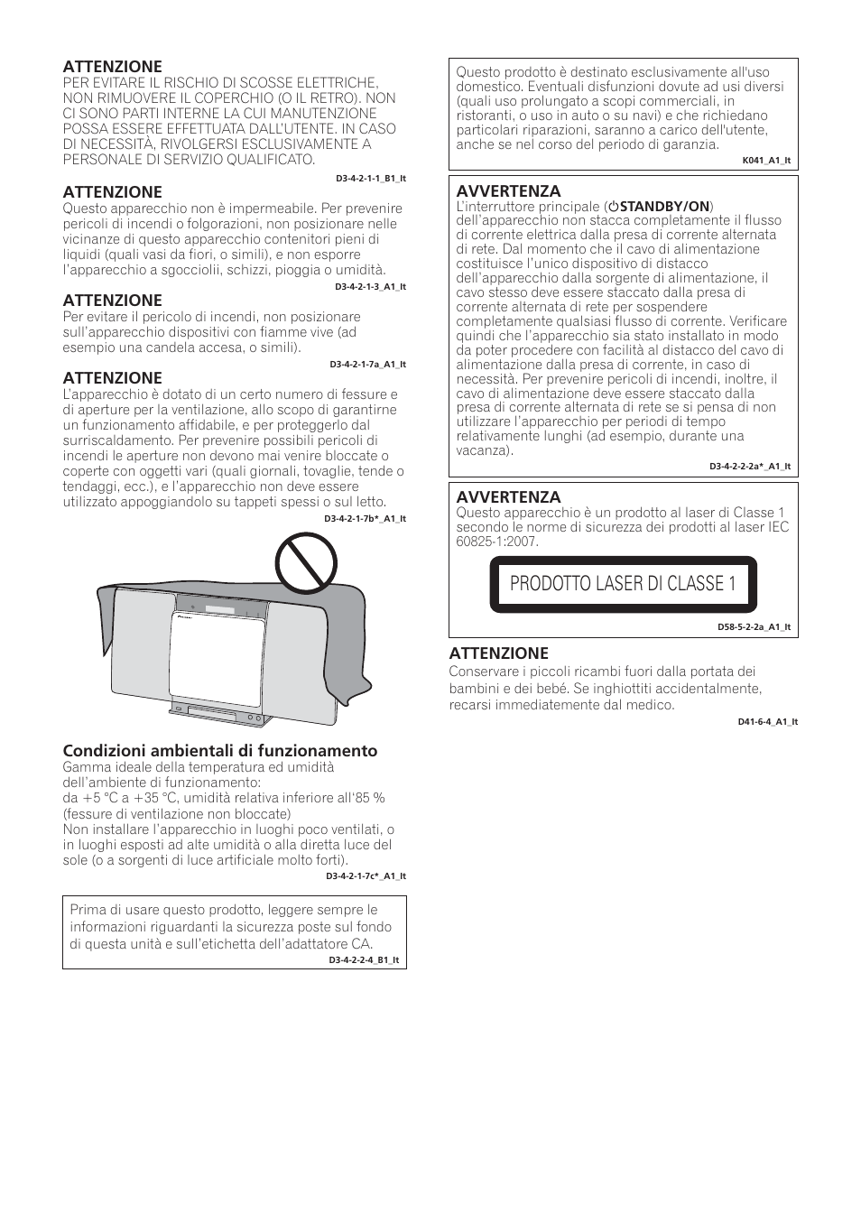 X-smc_syxe8_it, Prodotto laser di classe 1, Avvertenza | Condizioni ambientali di funzionamento, Attenzione | Pioneer X-SMC00 User Manual | Page 110 / 256