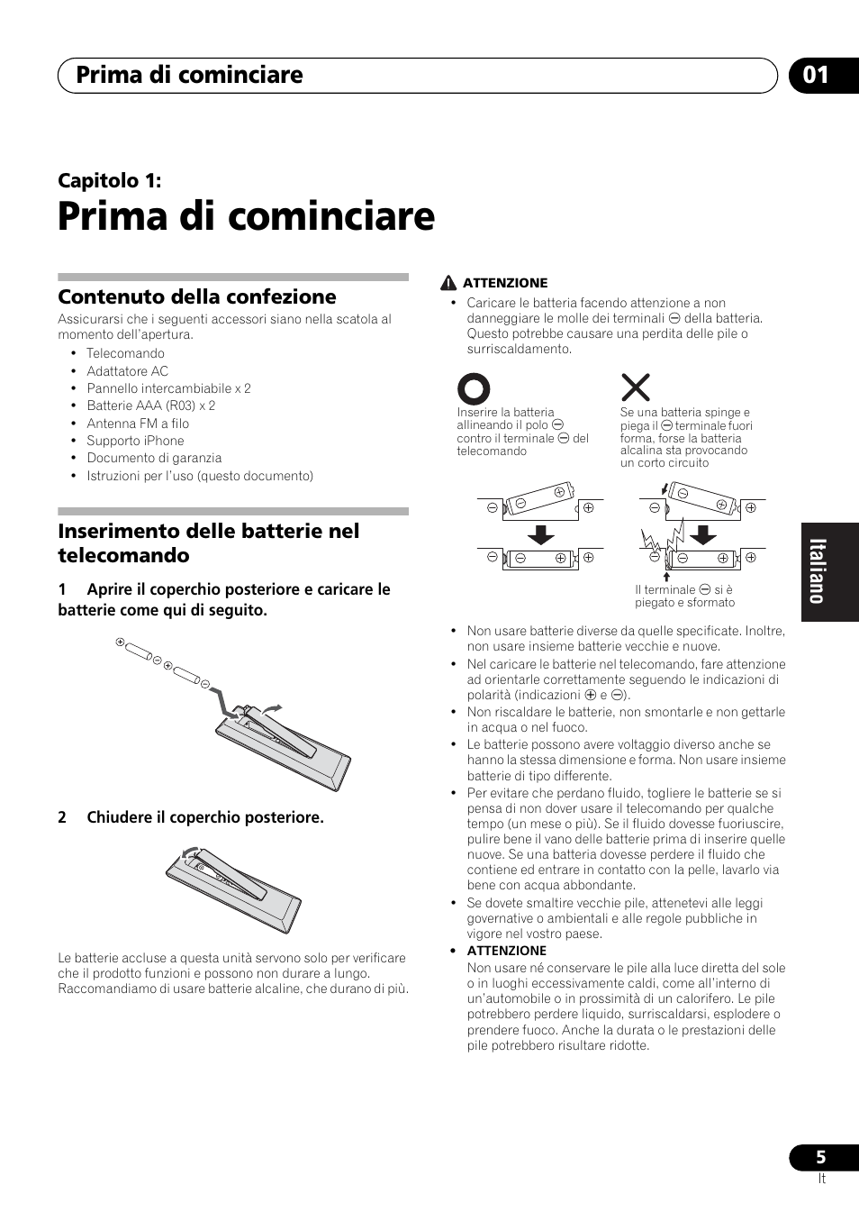 01 prima di cominciare, Prima di cominciare, Prima di cominciare 01 | Capitolo 1, Contenuto della confezione, Inserimento delle batterie nel telecomando | Pioneer X-SMC00 User Manual | Page 113 / 256