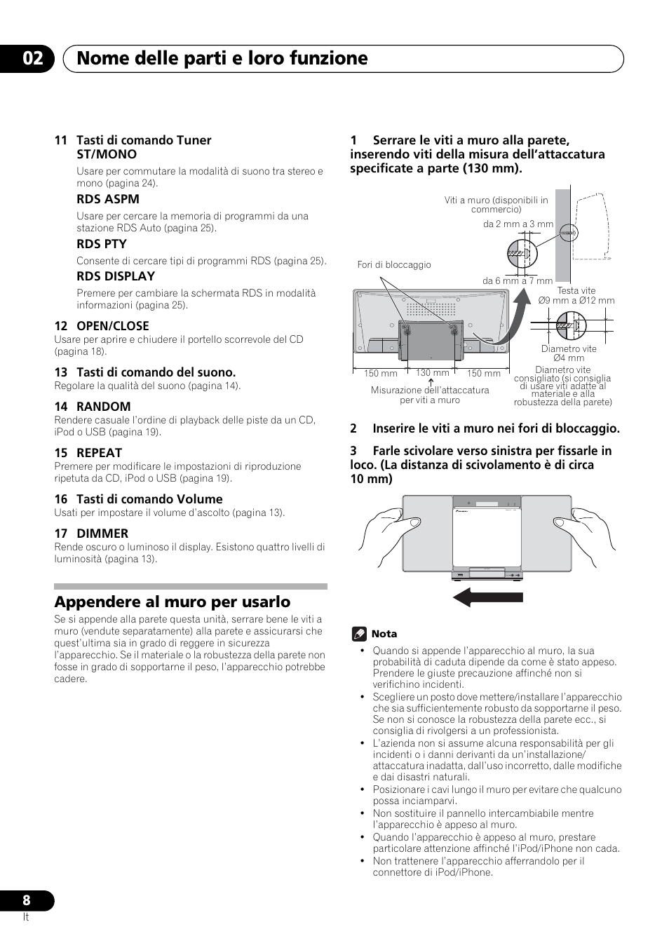 Appendere al muro per usarlo, Nome delle parti e loro funzione 02 | Pioneer X-SMC00 User Manual | Page 116 / 256