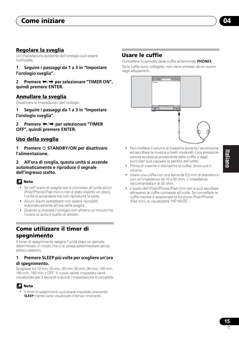Come iniziare 04, Come utilizzare il timer di spegnimento, Usare le cuffie | Pioneer X-SMC00 User Manual | Page 123 / 256
