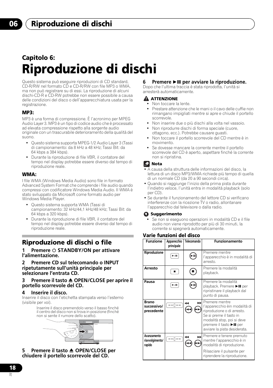 06 riproduzione di dischi, Riproduzione di dischi o file, Riproduzione di dischi | Riproduzione di dischi 06, Capitolo 6 | Pioneer X-SMC00 User Manual | Page 126 / 256