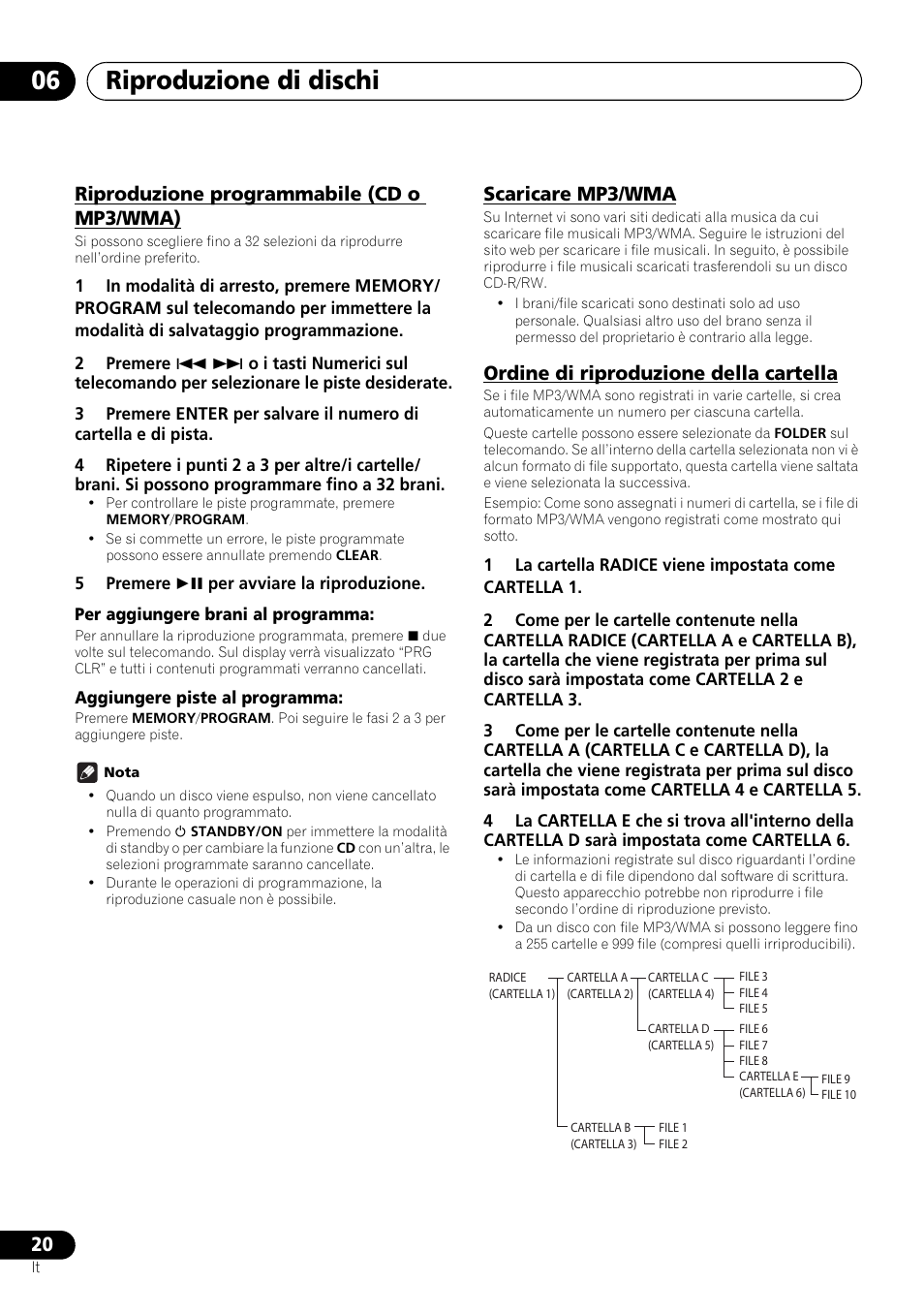 Riproduzione di dischi 06, Riproduzione programmabile (cd o mp3/wma), Scaricare mp3/wma | Ordine di riproduzione della cartella | Pioneer X-SMC00 User Manual | Page 128 / 256