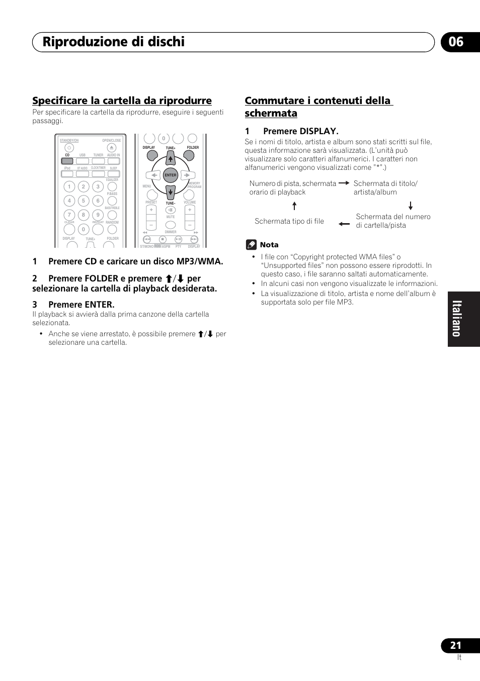 Riproduzione di dischi 06, Specificare la cartella da riprodurre, Commutare i contenuti della schermata | 1premere display | Pioneer X-SMC00 User Manual | Page 129 / 256
