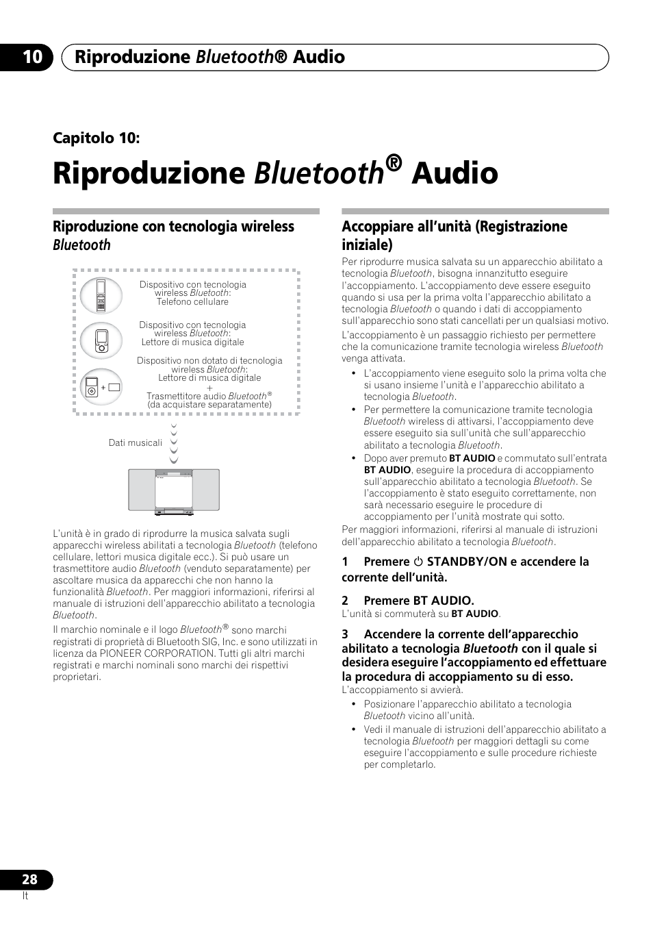 10 riproduzione bluetooth, Audio, Riproduzione bluetooth | Riproduzione bluetooth ® audio, Capitolo 10, Riproduzione con tecnologia wireless bluetooth, Accoppiare all’unità (registrazione iniziale) | Pioneer X-SMC00 User Manual | Page 136 / 256