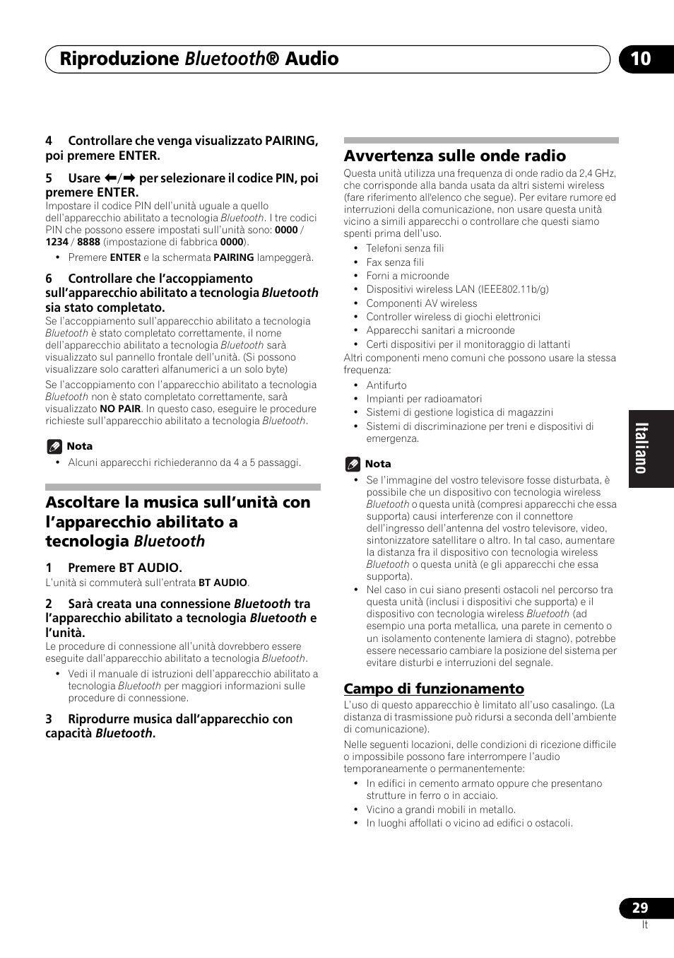 Campo di funzionamento, Riproduzione bluetooth ® audio, Avvertenza sulle onde radio | Pioneer X-SMC00 User Manual | Page 137 / 256