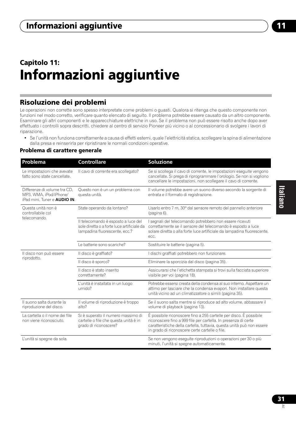11 informazioni aggiuntive, Risoluzione dei problemi, Informazioni aggiuntive | Informazioni aggiuntive 11, Capitolo 11 | Pioneer X-SMC00 User Manual | Page 139 / 256
