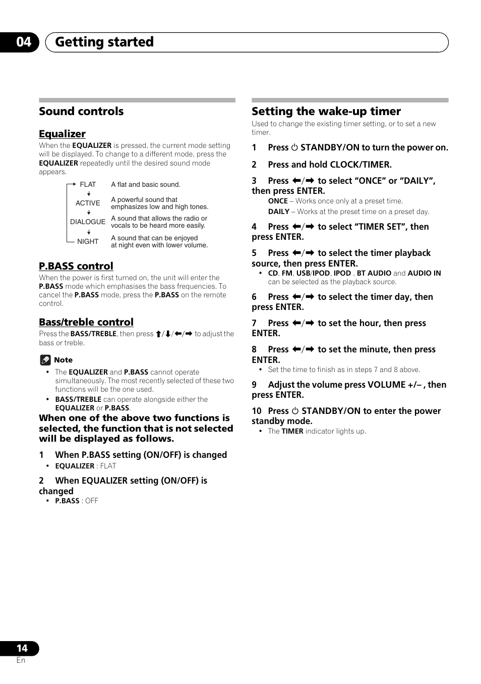 Sound controls, Equalizer p.bass control bass/treble control, Setting the wake-up timer | Getting started 04 | Pioneer X-SMC00 User Manual | Page 14 / 256