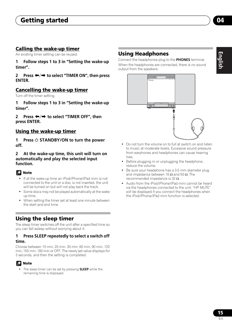 Using the sleep timer using headphones, Getting started 04, English français español | Using the sleep timer, Using headphones, Calling the wake-up timer, Cancelling the wake-up timer, Using the wake-up timer | Pioneer X-SMC00 User Manual | Page 15 / 256