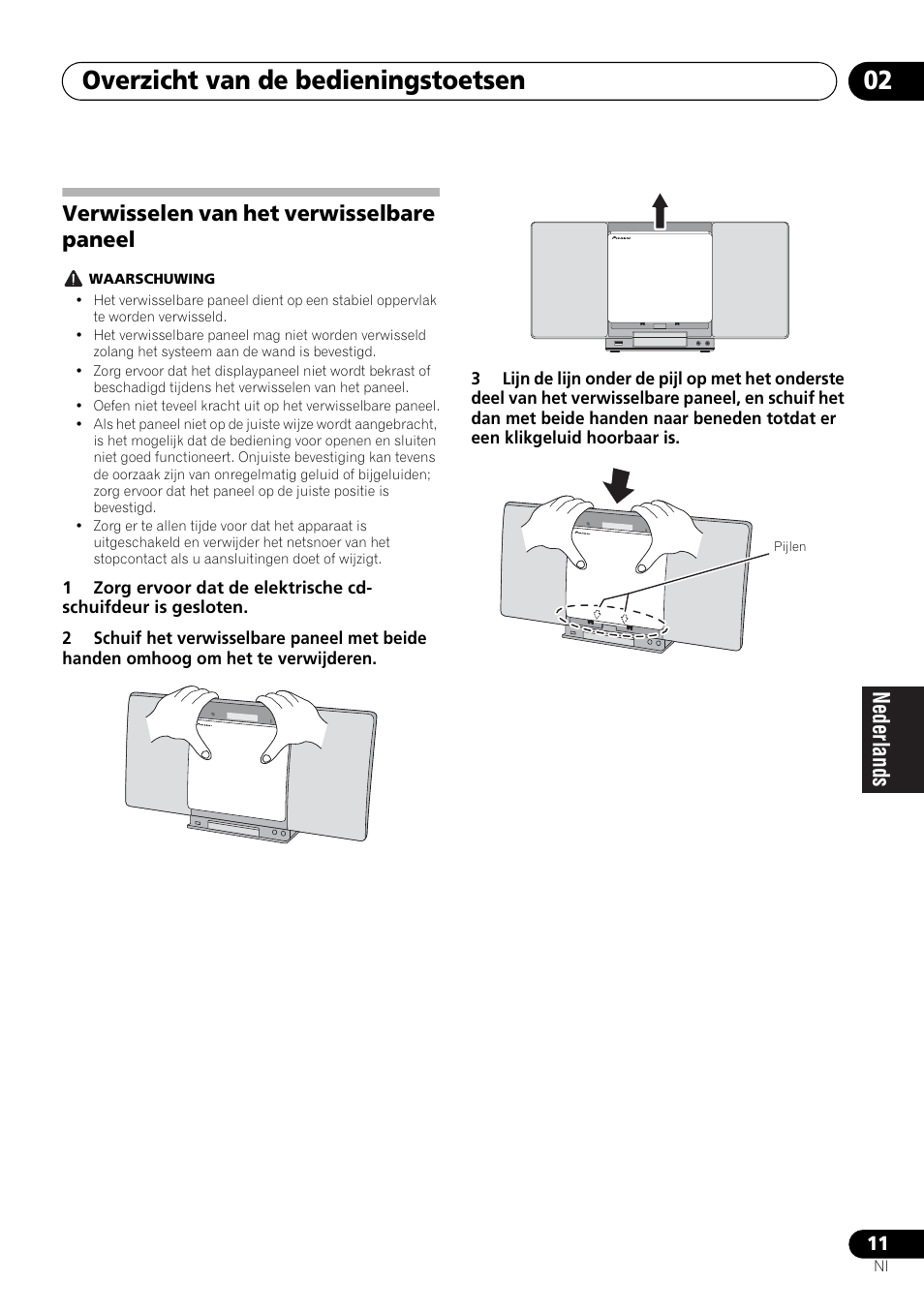 Verwisselen van het verwisselbare paneel, Overzicht van de bedieningstoetsen 02 | Pioneer X-SMC00 User Manual | Page 155 / 256