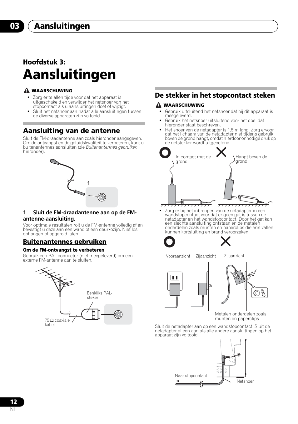 03 aansluitingen, Aansluiting van de antenne, Buitenantennes gebruiken | De stekker in het stopcontact steken, Aansluitingen, Aansluitingen 03, Hoofdstuk 3 | Pioneer X-SMC00 User Manual | Page 156 / 256