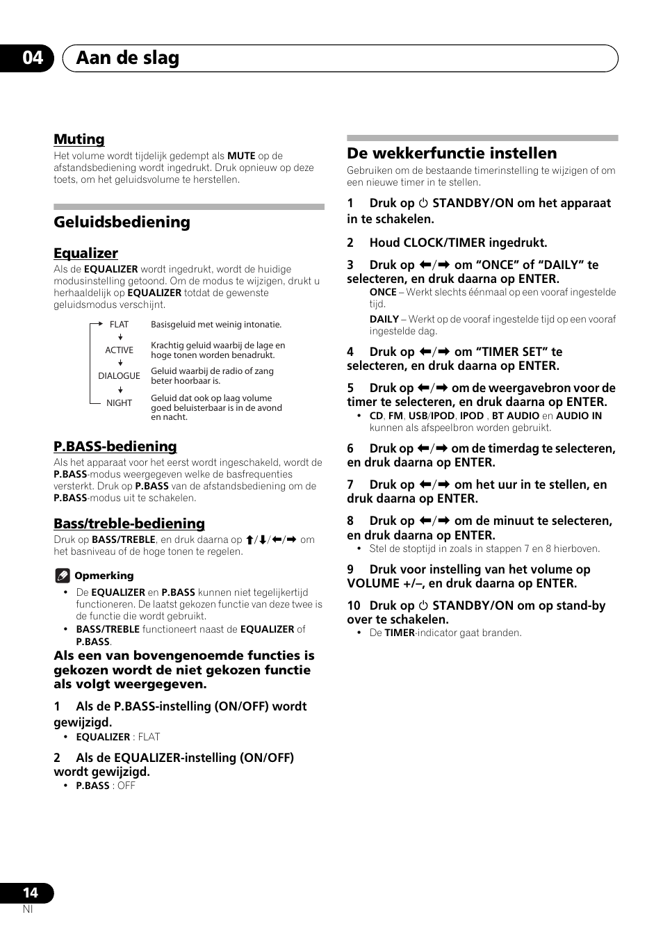 Muting, Geluidsbediening, Equalizer p.bass-bediening bass/treble-bediening | De wekkerfunctie instellen, Aan de slag 04, Equalizer, P.bass-bediening, Bass/treble-bediening | Pioneer X-SMC00 User Manual | Page 158 / 256