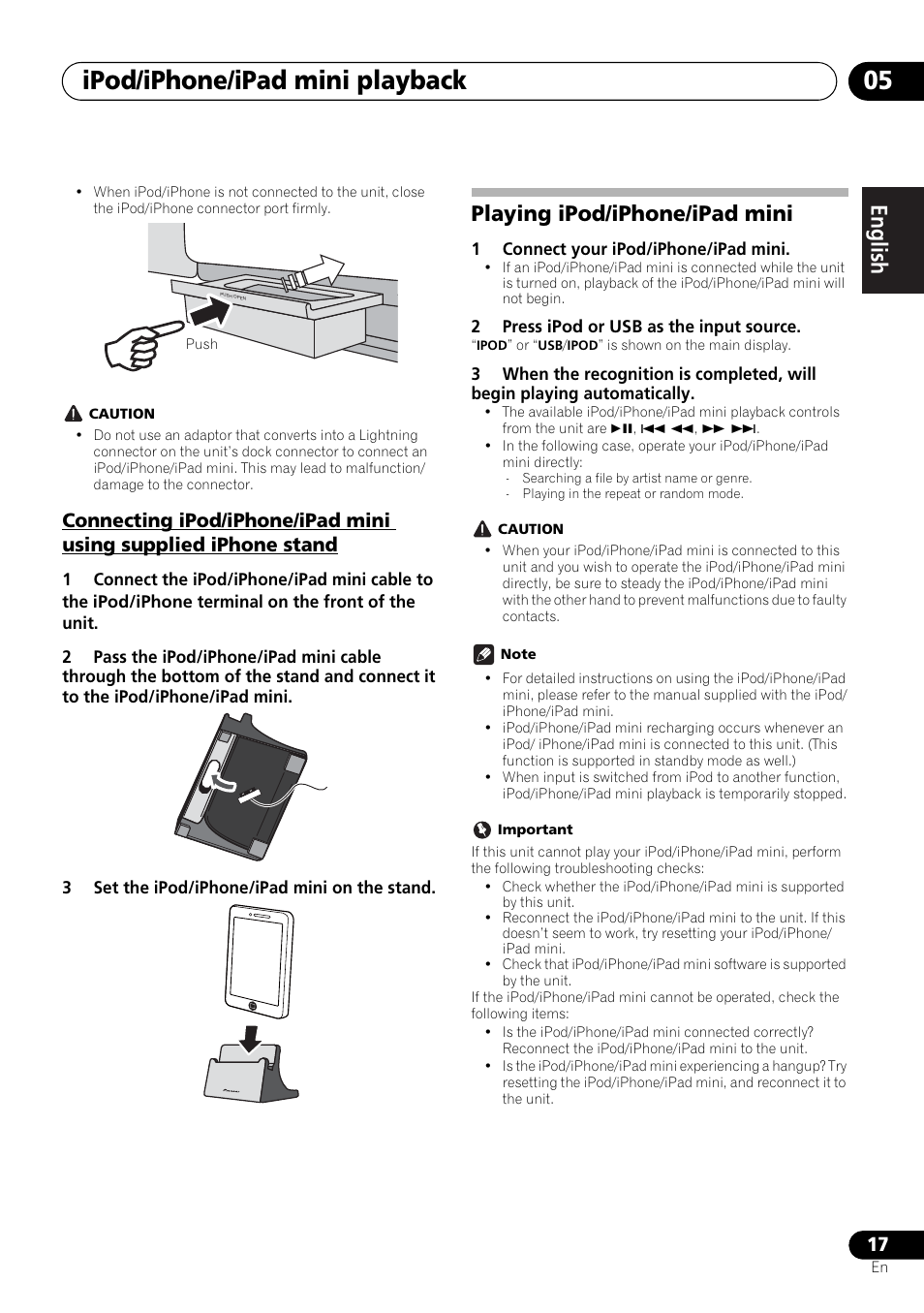 Playing ipod/iphone/ipad mini, Ipod/iphone/ipad mini playback 05, English français español | Pioneer X-SMC00 User Manual | Page 17 / 256