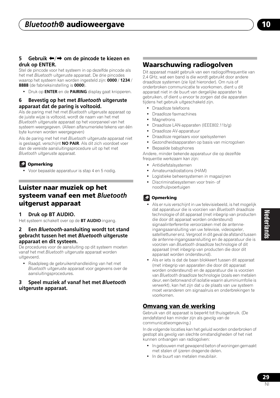 Omvang van de werking, Bluetooth ® audioweergave, Waarschuwing radiogolven | Pioneer X-SMC00 User Manual | Page 173 / 256
