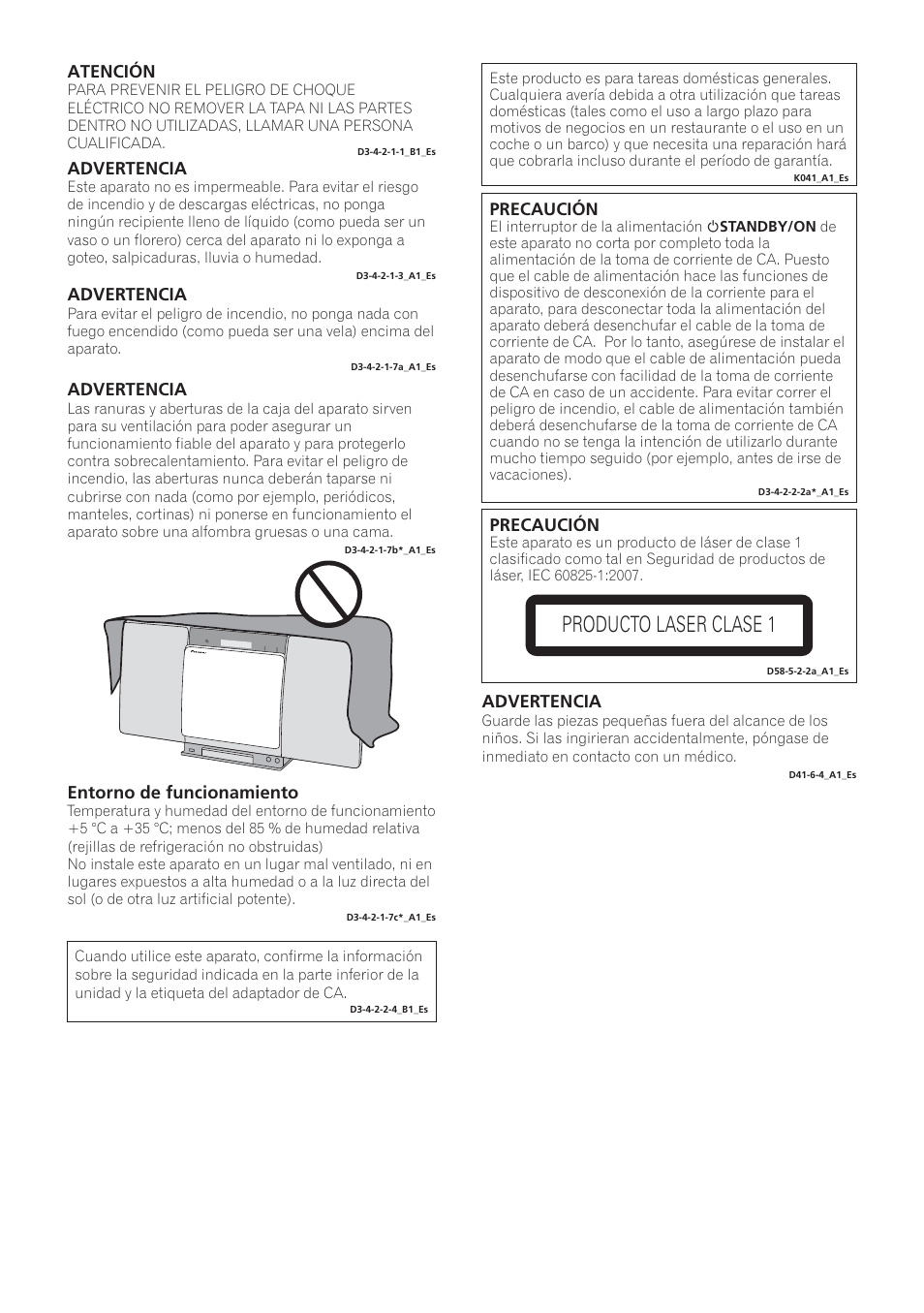 X-smc_syxe8_es, Producto laser clase 1, Precaución | Entorno de funcionamiento, Advertencia, Atención | Pioneer X-SMC00 User Manual | Page 182 / 256